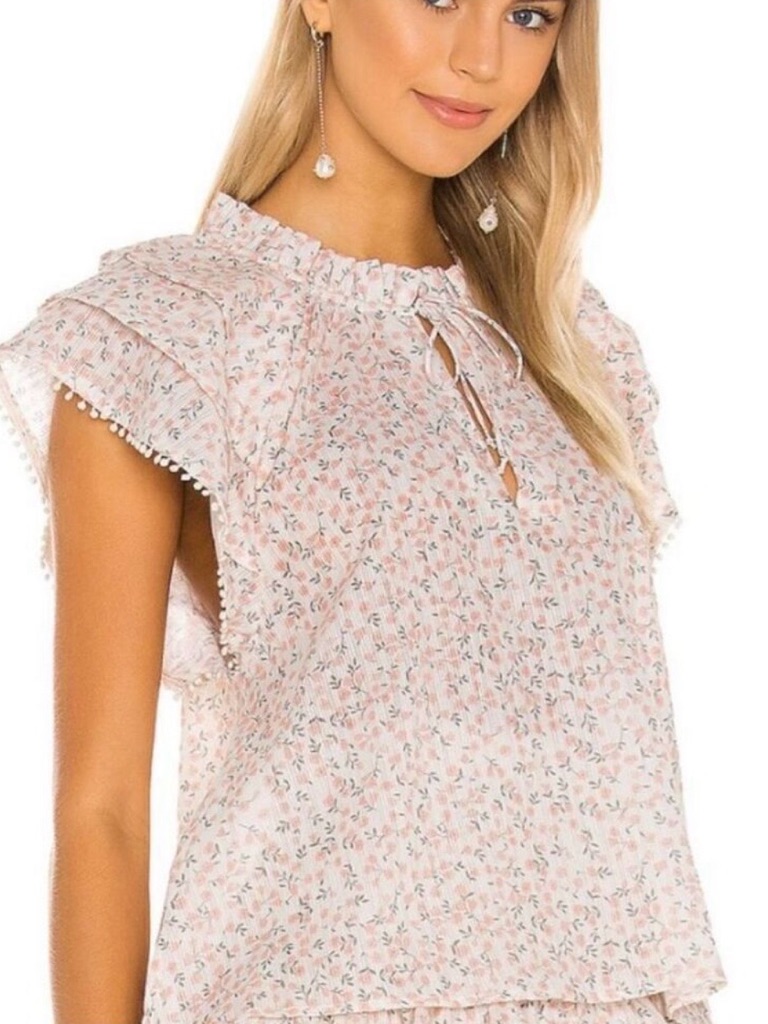 Cleobella Floral Ruffle Tie Neck Flutter Sleeve Cotton Blouse Size Large